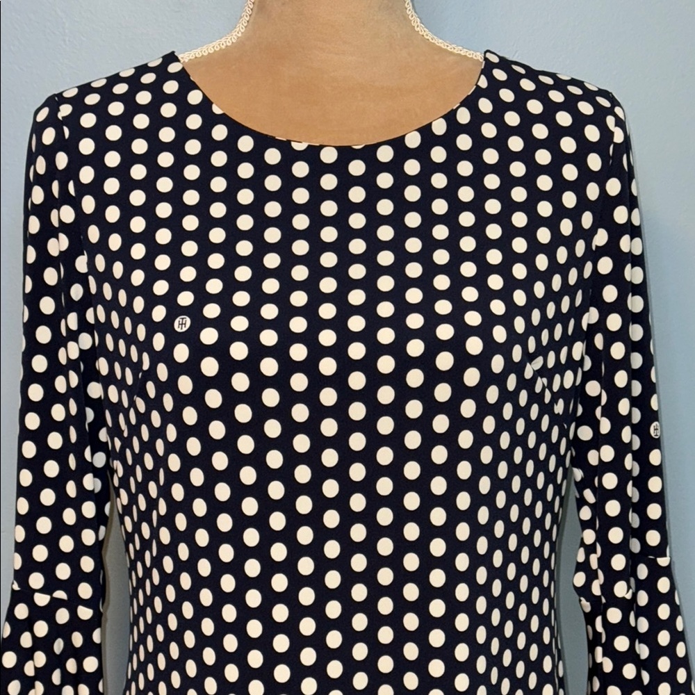 Tommy Hilfiger Navy and White Long Sleeve Polka Dot Women’s Dress Size 8 - Picture 2 of 12